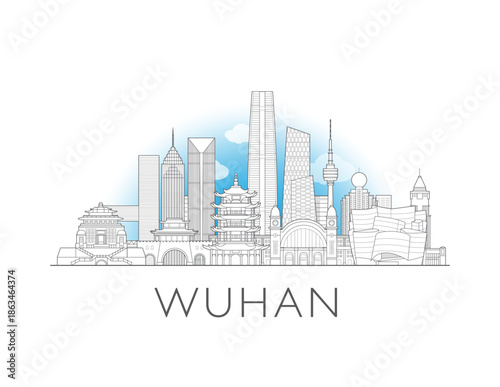 Wuhan, China cityscape illustration skyline drawing