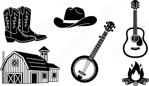 Western Country Music Elements with Cowboy Boots Hat Guitar Barn and Campfire Vector Illustration 
