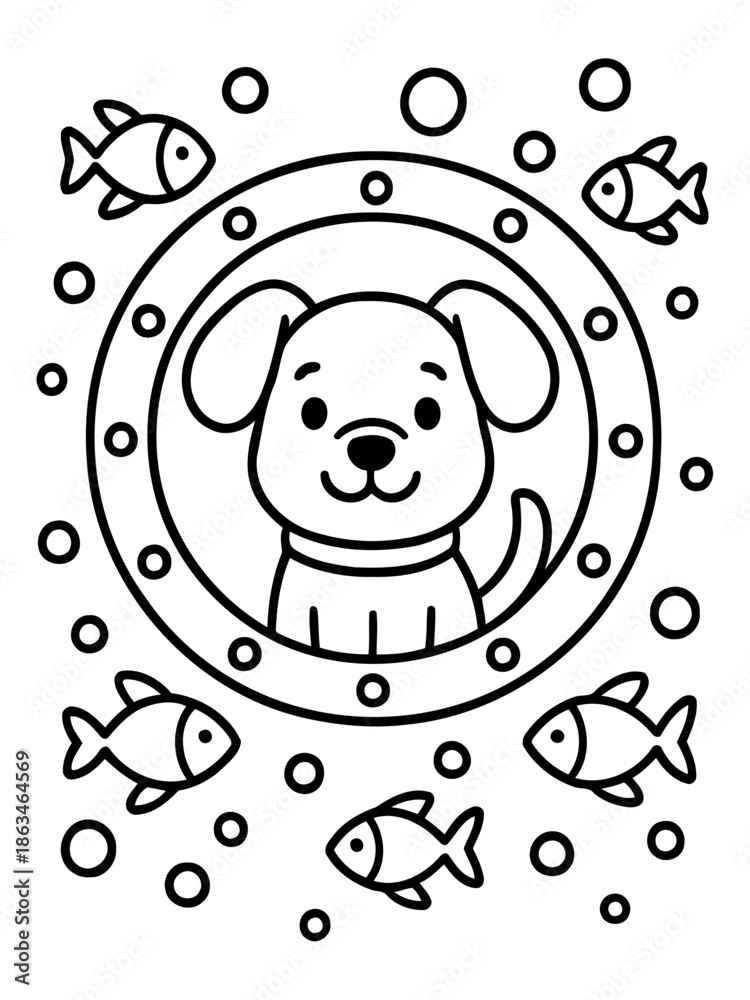 Obraz premium Dog's Underwater Adventure: An adorable cartoon dog peeks from a round porthole surrounded by playful fish, evoking a sense of wonder and childlike delight.