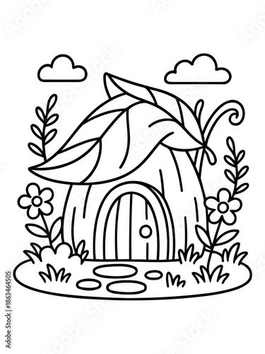 Tiny Abode: A charming illustration depicts a whimsical home, crafted from natural elements, exuding a sense of enchantment and magic, creating an atmosphere of wonder and fantasy.