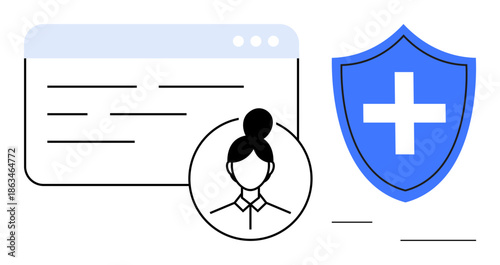 Healthcare technology, online security, digital identity, telemedicine, health services protection, cybersecurity. ion of profile, webpage and shield with medical cross. Cybersecurity