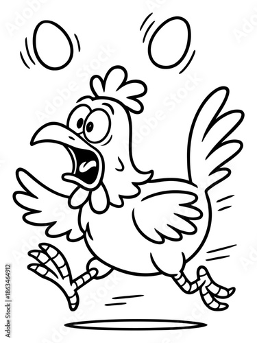 Panic Run: A comical cartoon depicts a frenzied chicken in a moment of sheer panic, racing across the scene with eggs flying. A vibrant visual of unexpected circumstances.