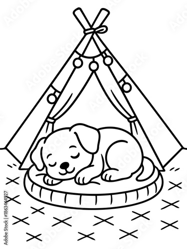 Cozy Pup's Slumber: An adorable puppy soundly asleep under a charming teepee, enjoying a moment of tranquility and peace.