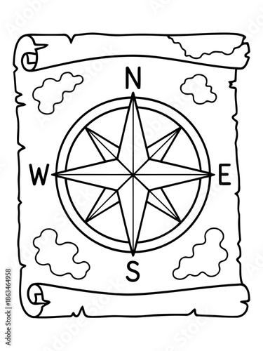 Ancient Navigator's Guide: a vintage map, featuring a compass rose and directional markers, invites explorers on a timeless quest for discovery, charting unknown territories on a weathered scroll.