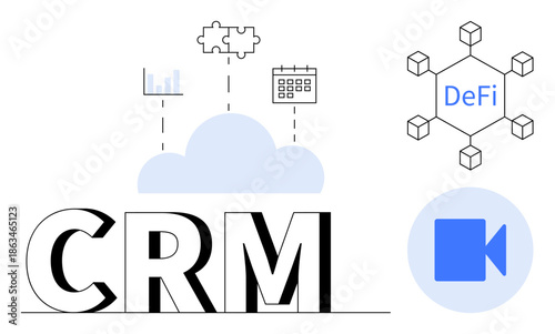 Cloud computing, CRM systems, decentralized finance, team collaboration, data management, workflow optimization. CRM text with cloud, graph puzzle calendar blockchain network video icon. Cloud