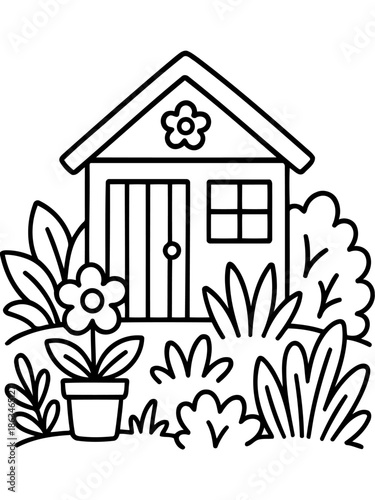 Garden Shed Illustration: An charming illustration showcases a quaint garden shed nestled amidst a thriving landscape of lush foliage and delicate flowers, evoking the joy of gardening