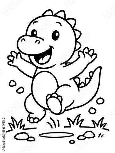 Joyful Dino's Leap: An adorable dinosaur, with a beaming smile, leaps with unbridled joy. This simple, yet vibrant illustration captures the innocence and playfulness.