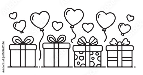 Gift boxes with heart balloons line art illustration for valentines day present celebration