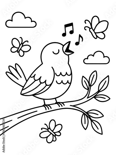 Melodic Birdsong Serenade: An illustration of a cheerful bird perched upon a branch, filling the air with musical notes and dancing alongside butterflies. A delightful scene of nature.