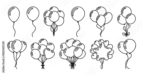 Various balloon bundles and groups set hand drawn outline for party decoration celebration