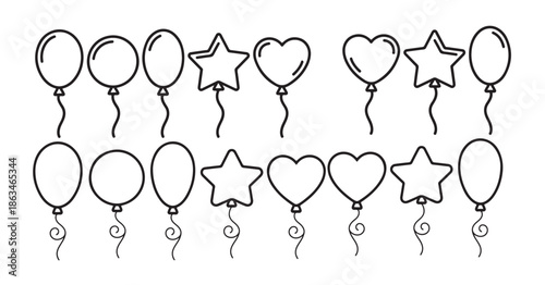 Set of simple outline balloons vector drawing with various shapes and strings celebration