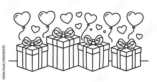 Four stacked gift boxes with floating hearts and balloons line art for present concept set