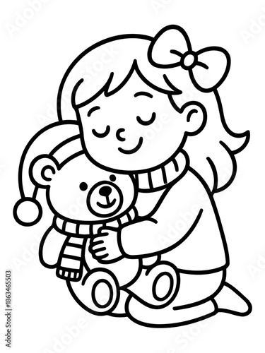 Child and Teddy bear Embrace: A heartwarming depiction of a young girl, radiating serenity, as she gently embraces a cuddly teddy bear, her eyes closed in peaceful tranquility.