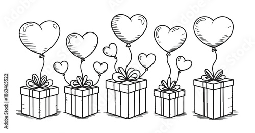 Hand drawn outline heart shaped balloons with gift boxes for valentine's day celebration
