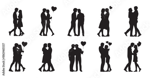 Silhouettes of couples embracing and dancing for romantic celebrations