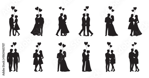 Valentine day couple silhouette collection set romantic love man and woman hugging dancing