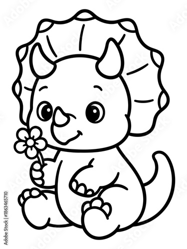 Triceratops with a Flower: An adorable, cartoon-style triceratops tenderly holds a delicate flower, exuding innocence and charm. A heartwarming portrayal of nature's gentle side.