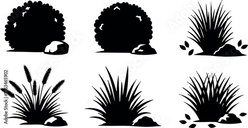 Black silhouette of bushes and grass plants in vector illustration style natural outdoor vegetation design element 