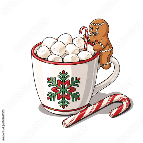 Festive Hot Chocolate with Gingerbread Man and Candy Cane Illustration