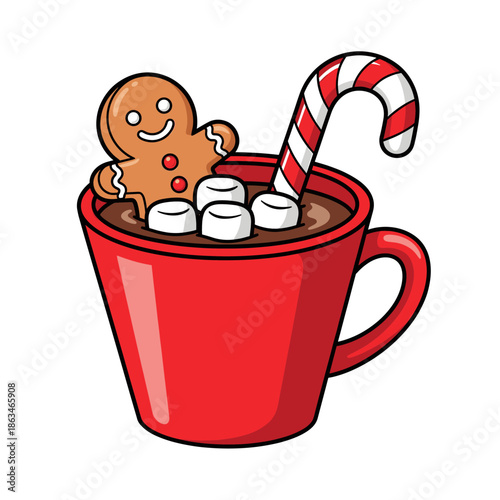 Festive Hot Chocolate: Gingerbread Man, Marshmallows & Candy Cane in Red Mug