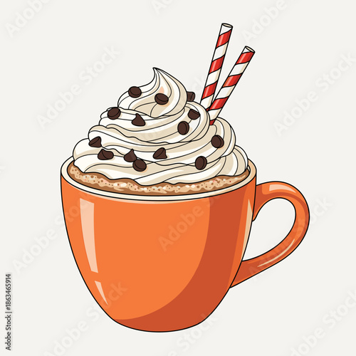 Hot Chocolate with Whipped Cream and Chocolate Chips in an Orange Mug
