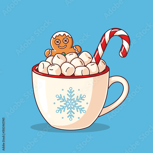 Festive Hot Chocolate with Gingerbread Man and Candy Cane, Holiday Treat