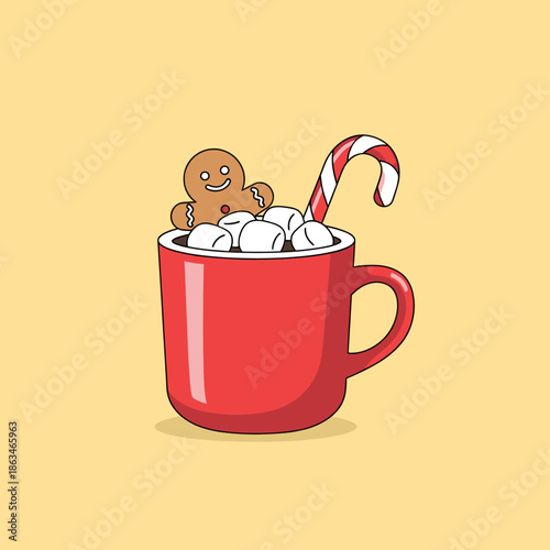 Cozy Christmas: Gingerbread Man, Marshmallows, and Candy Cane in a Red Mug