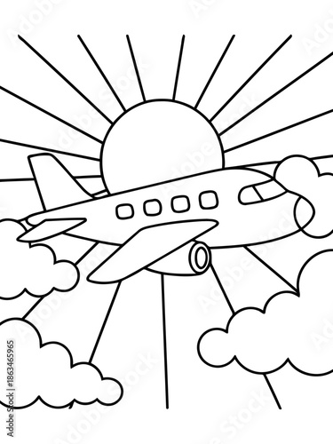 Soaring Skybound: An aircraft glides through the sky, framed against a radiant sun and fluffy clouds, illustrating the journey of travel and exploration.