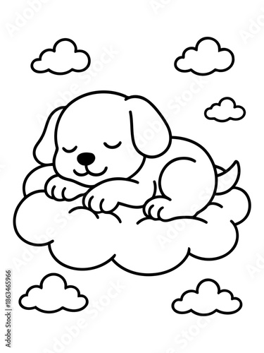 Dreamy Puppy on Cloud Nine: A cute puppy sleeps peacefully atop a fluffy cloud, embodying serene dream.