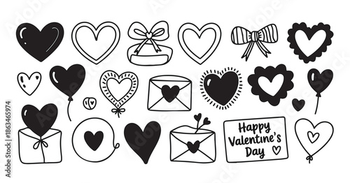 Valentine day doodle collection hearts bows envelope set romantic decorative element design