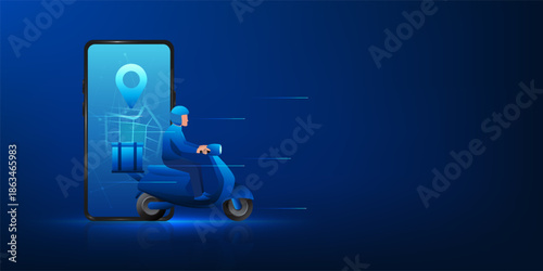 Delivery Technology Concept, Online Shopping via Smartphone with GPS Map, Motorcycle Courier Delivering Packages, Mobile App Logistics, Fast Delivery Service, E-commerce and Smart Transportation
