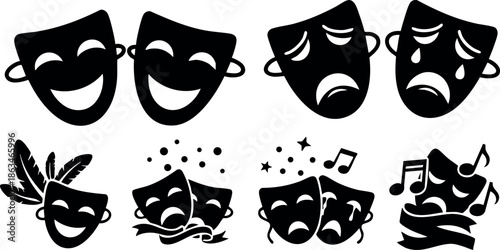 Theatre masks comedy and tragedy symbols theatrical performance icons vector illustration 