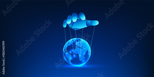 Artificial Intelligence Controlling the World Concept, Robot Hand Manipulating Earth Like Puppet, AI World Domination, Future Technology Power, Ethical AI and Global Control Background