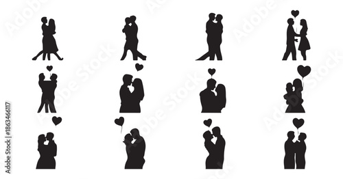 Silhouettes of couples embracing in various romantic poses for love concept