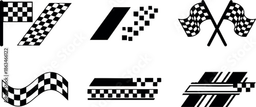 Racing checkered flag icons set with various styles and waving shapes vector illustration 