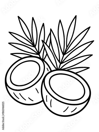 Tropical Essence: A minimalist outline captures the essence of a refreshing coconut, halved to reveal its milky interior, complemented by delicate palm fronds.