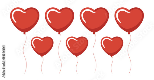 Vibrant red heart shaped balloons floating with strings on white background