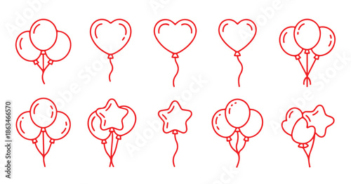 Collection of red outline balloons in various shapes and cluster arrangements