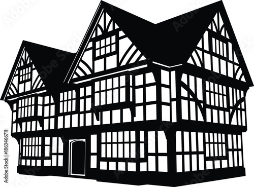 Traditional half timbered house silhouette, historic European architecture, Tudor style building facade, heritage residential home, medieval design, old town landmark vector illustration