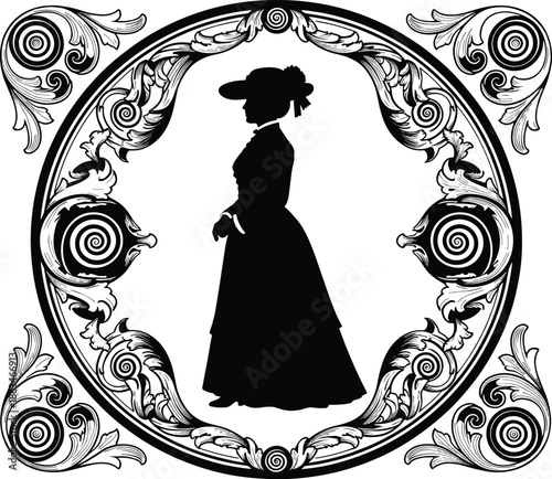 Victorian woman silhouette inside ornate vintage frame, elegant historical fashion portrait, classic femininity and retro art design, black and white decorative vector illustration