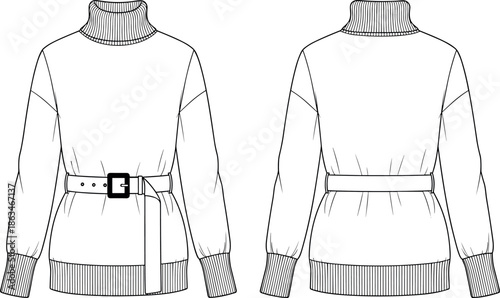 Flat fashion technical sketch of a women’s oversized turtleneck knit sweater featuring dropped shoulders and a buckled waist belt accessory