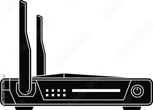 Wireless internet router modem silhouette illustration, modern home network device with antennas, broadband connectivity equipment, black and white technology vector icon design