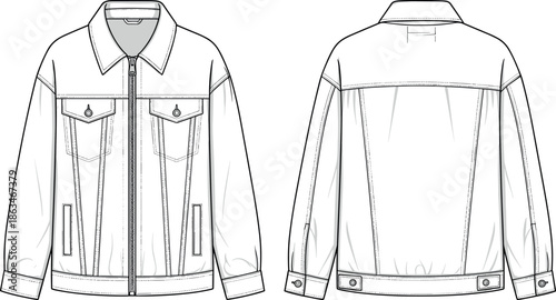 Oversized Denim Trucker Jacket Technical Flat Sketch Vector with Zip Front Closure Drop Shoulder and Multi Pocket Details for Streetwear Fashion