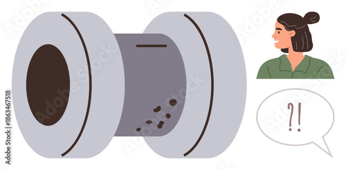 Problem-solving, curiosity, conceptual thinking, confusion, reaction analysis, object examination. A cylindrical object with a woman looking at it and a speech bubble showing surprise