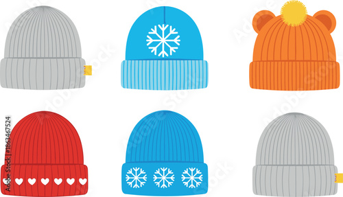 Vector Set of Six Colorful Knitted Winter Hats or Beanies with Snowflakes, Hearts, and Pom-Poms, Ideal for Christmas, Holiday, and Cold Season Graphics.