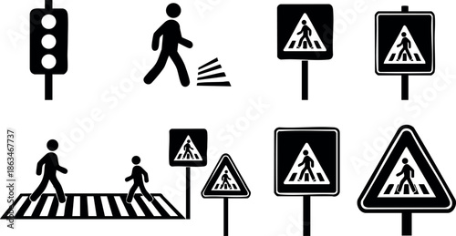 Pedestrian Crossing and Traffic Signs Vector Illustration for Road Safety Awareness 