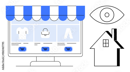 E-commerce, online shopping, retail business, digital marketplace, home shopping, customer experience. A screen with a virtual store, an eye and a house outline. E-commerce and online shopping