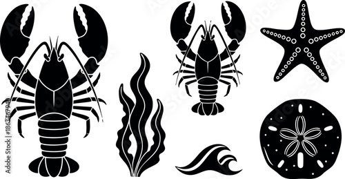 Lobster and marine life black silhouette vector set with starfish and seaweed elements 