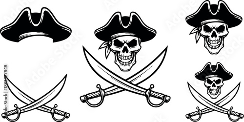 Pirate skull with crossed swords and tricorn hat vector illustration design 