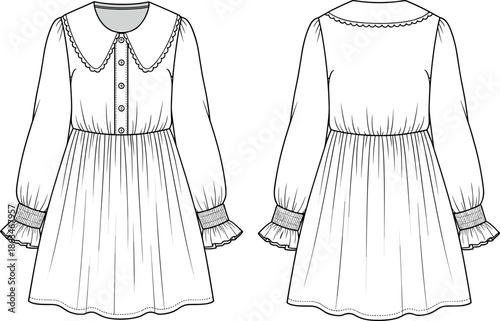 Technical fashion flat sketch of a vintage style cottagecore mini dress with oversized scalloped peter pan collar and smocked cuffs